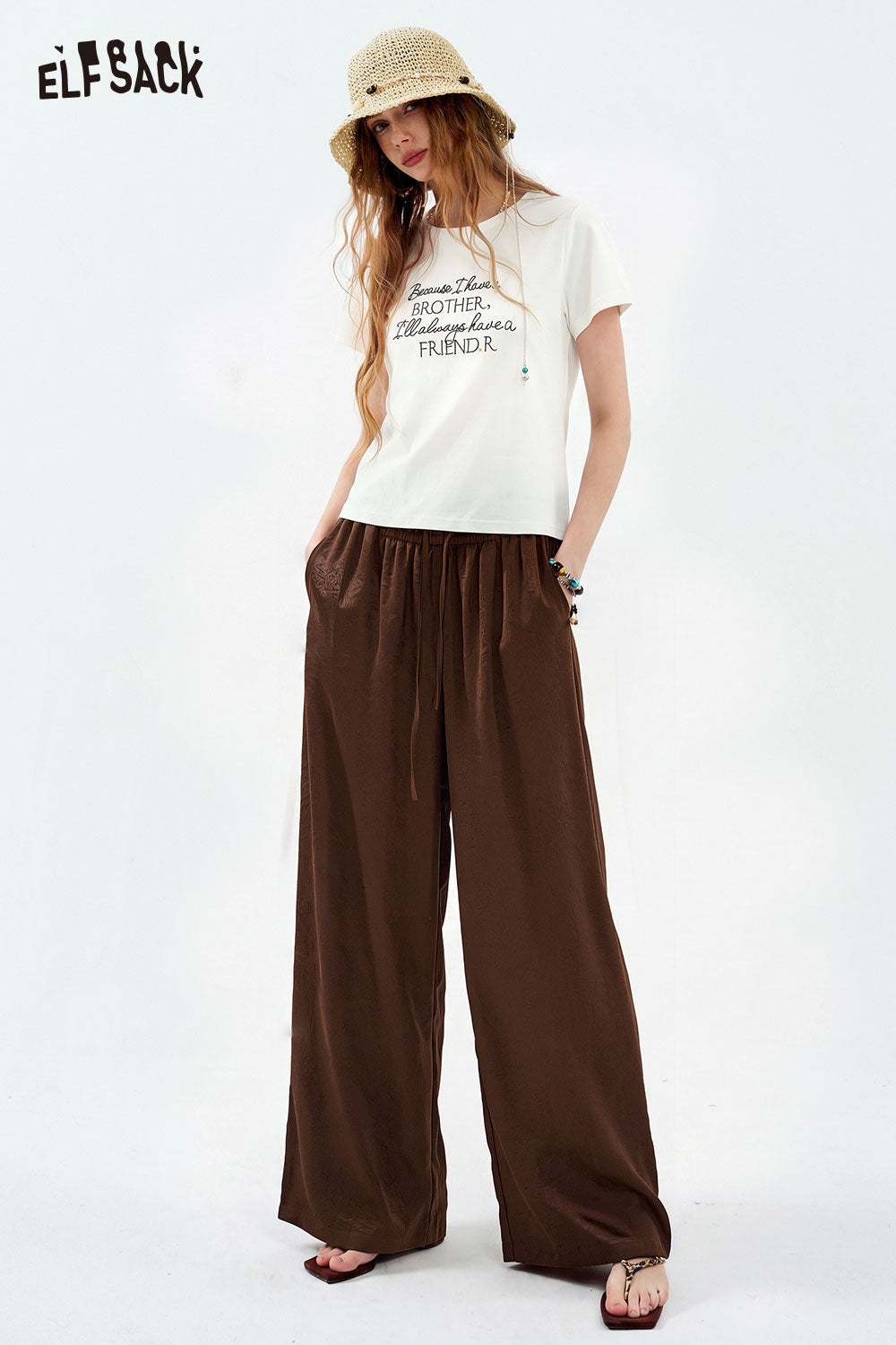 ELFSACK Satin Drawstring High Waist Wide Leg Pants