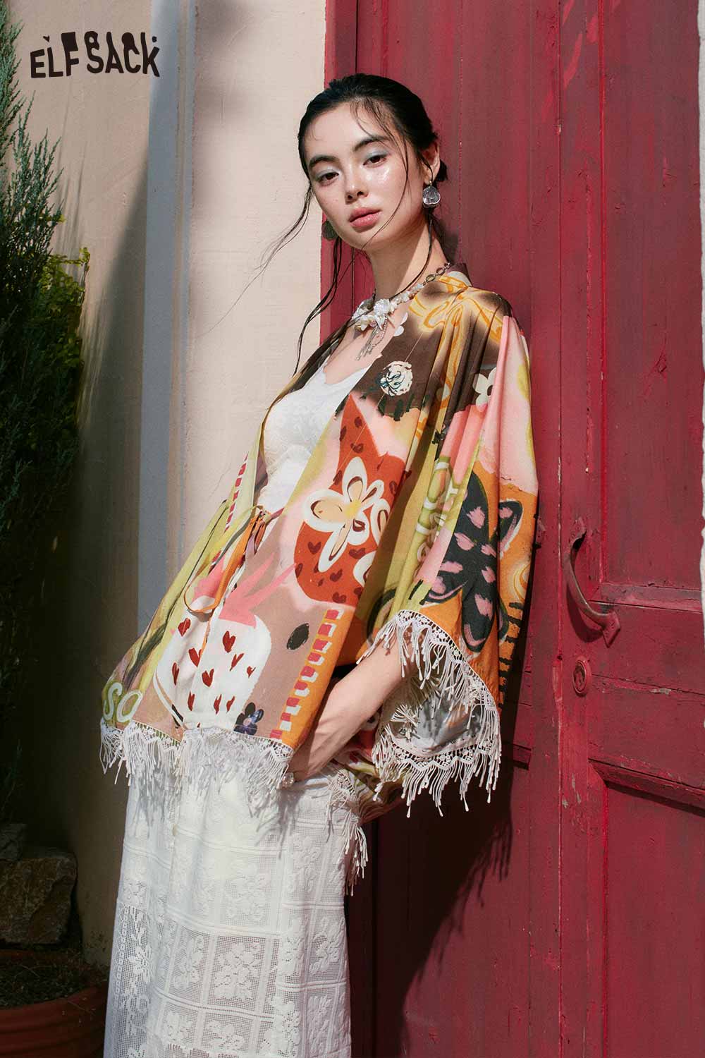 ELFSACK Satin Print Fringe Vacation Kimono Cardigan