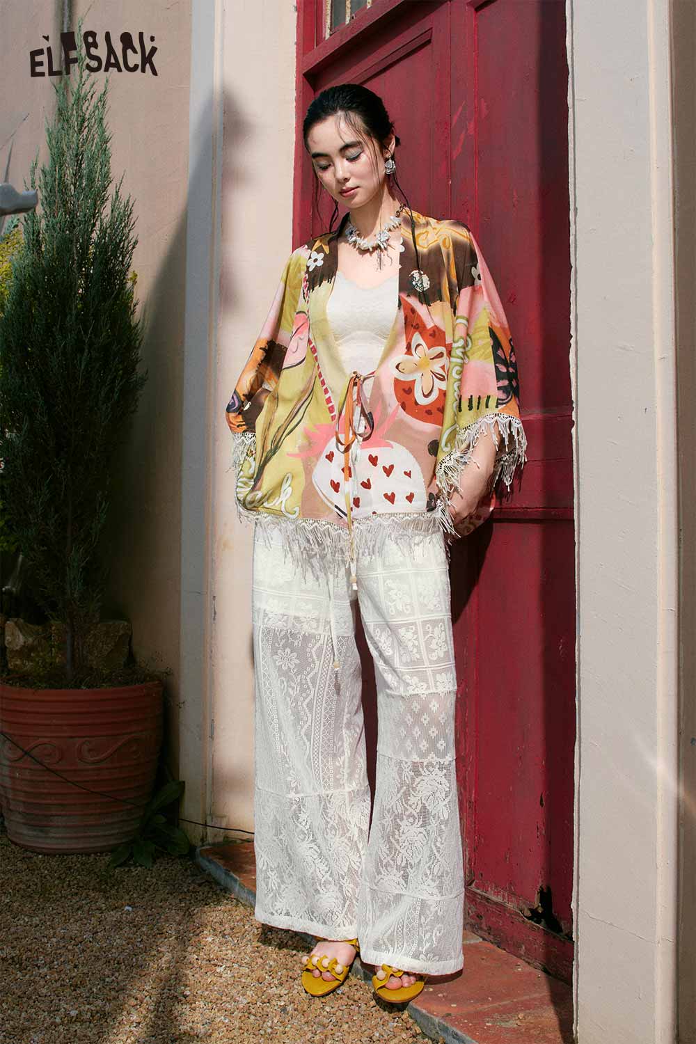 ELFSACK Satin Print Fringe Vacation Kimono Cardigan
