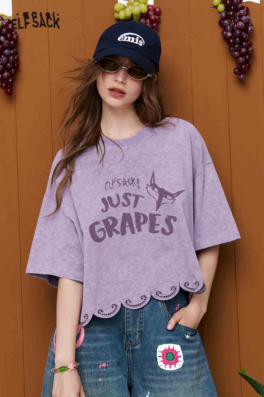 ELFSACK Scalloped Hem Fox Letter Crop Tee