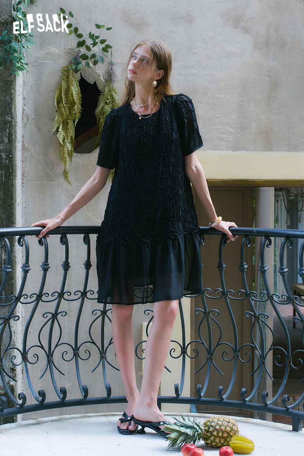 ELFSACK Scalloped Lace Ruffled Hem Mini Dress