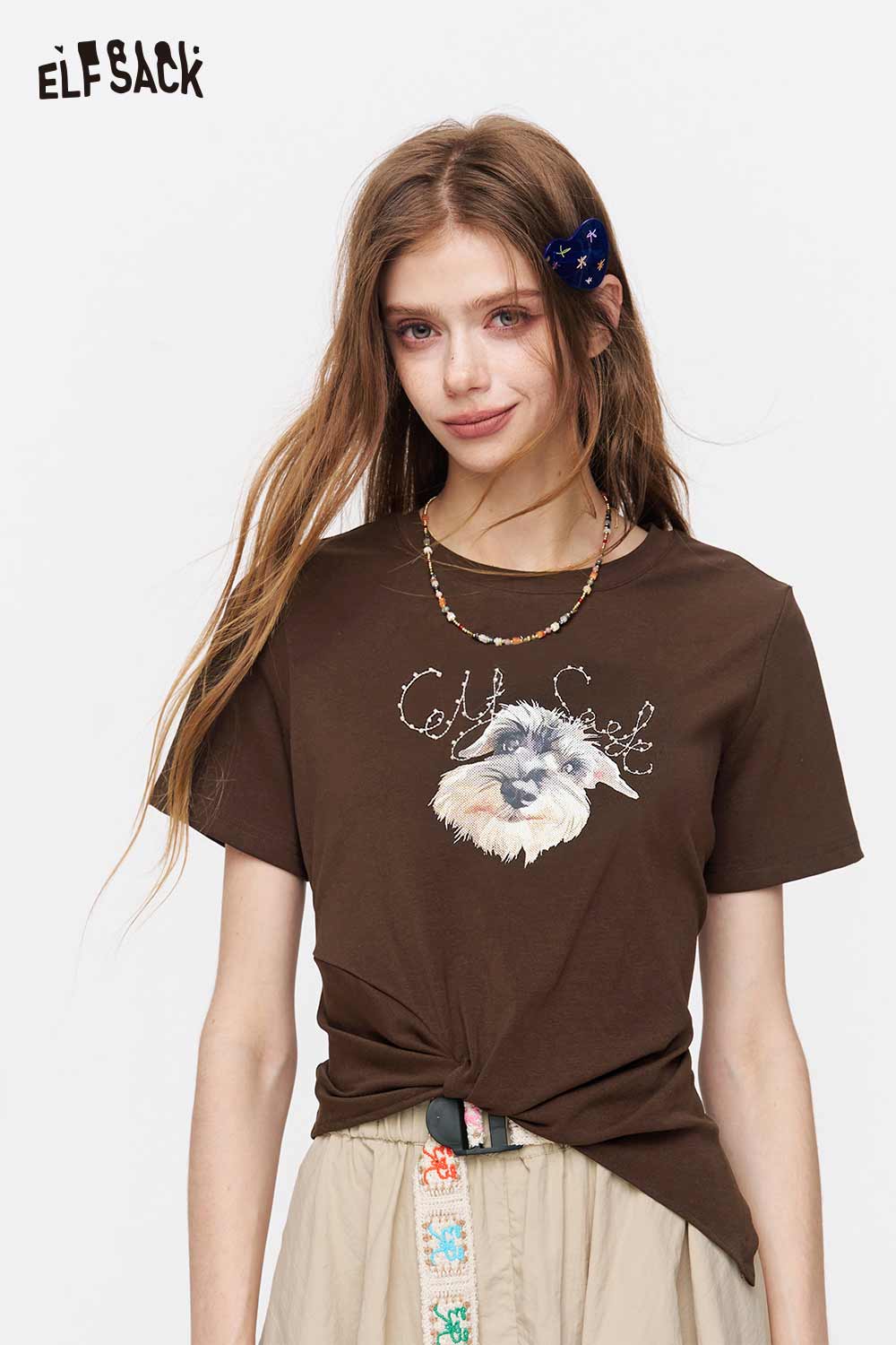 ELFSACK Schnauzer Print Cropped Twisted T-Shirt