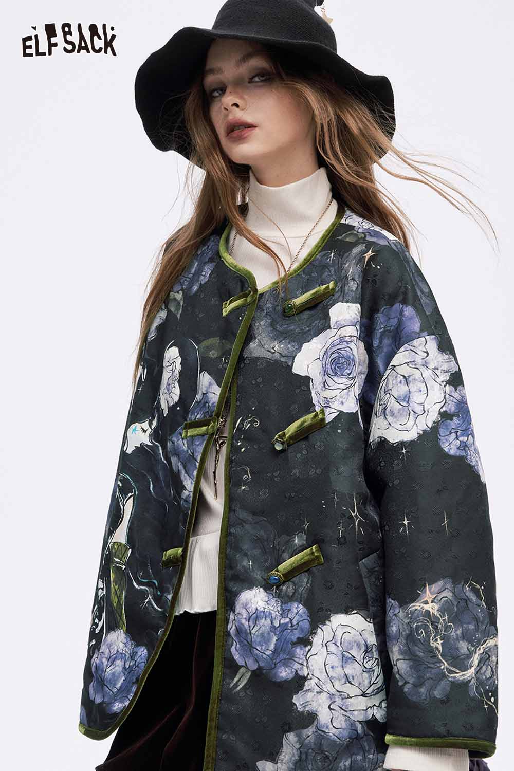 ELFSACK Soft Retro Floral Graphic Chinese Style Button Jacket