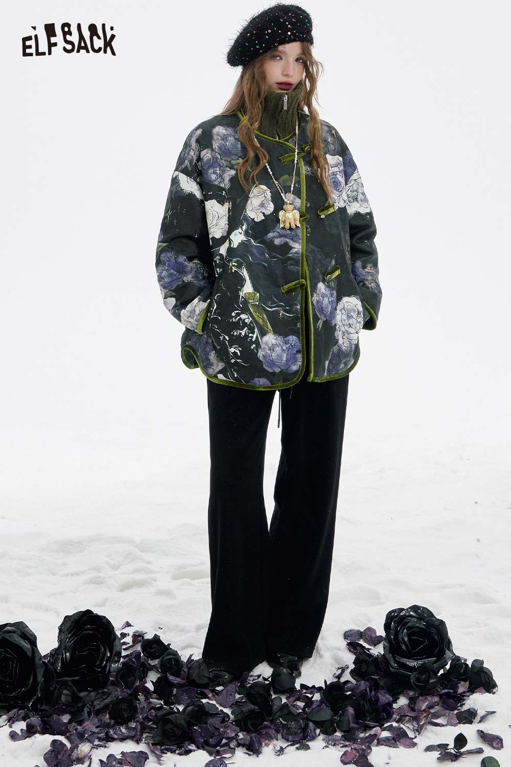 ELFSACK Soft Retro Floral Graphic Chinese Style Button Jacket