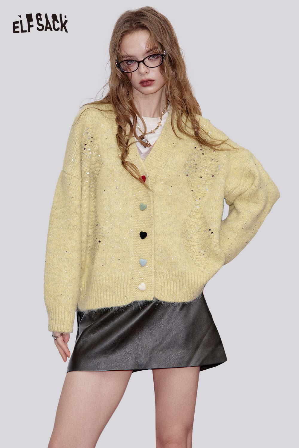 ELFSACK Light Sequined Multi Color Button-down Cardigan