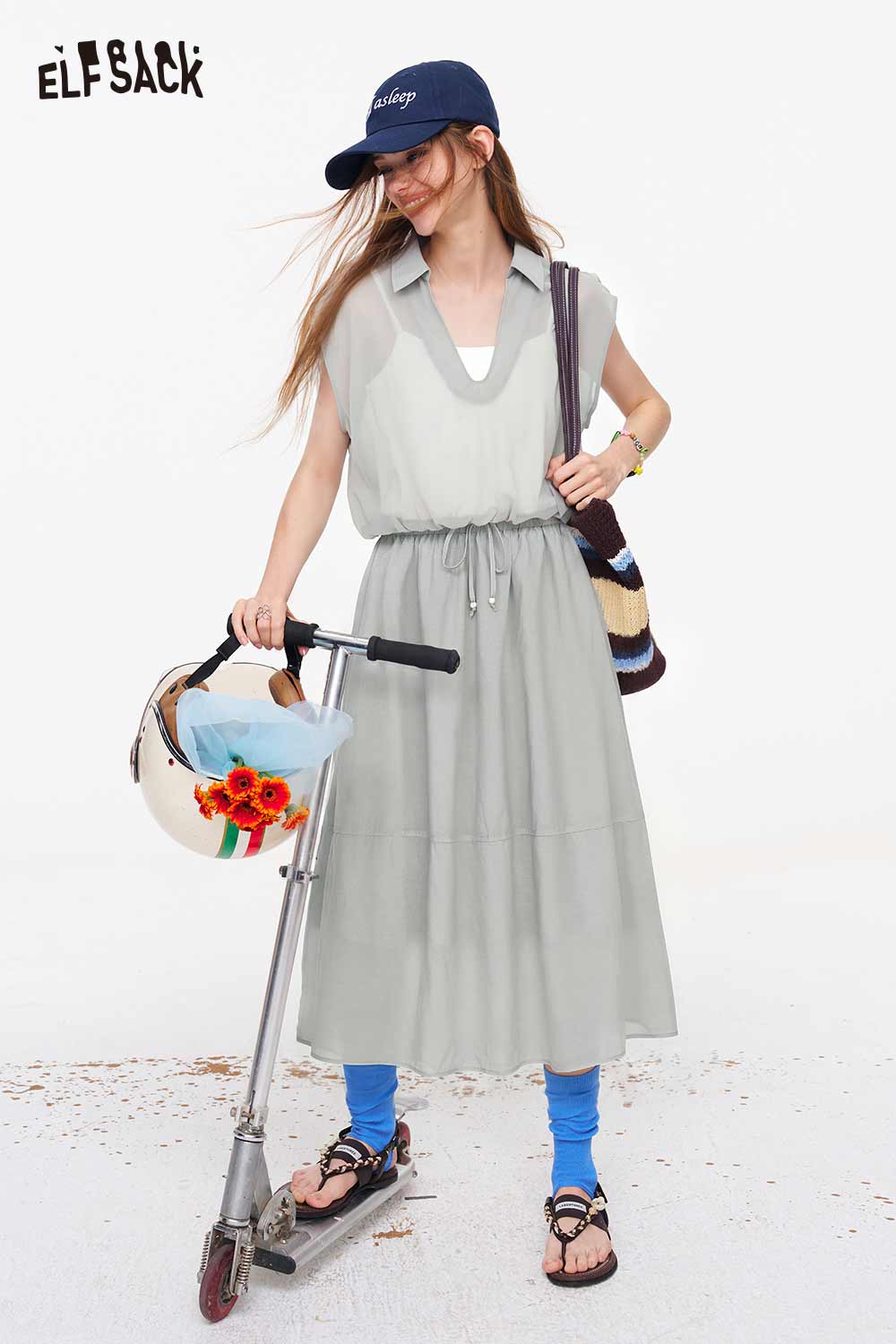 ELFSACK Sheer Chiffon Vest Midi Skirt Set