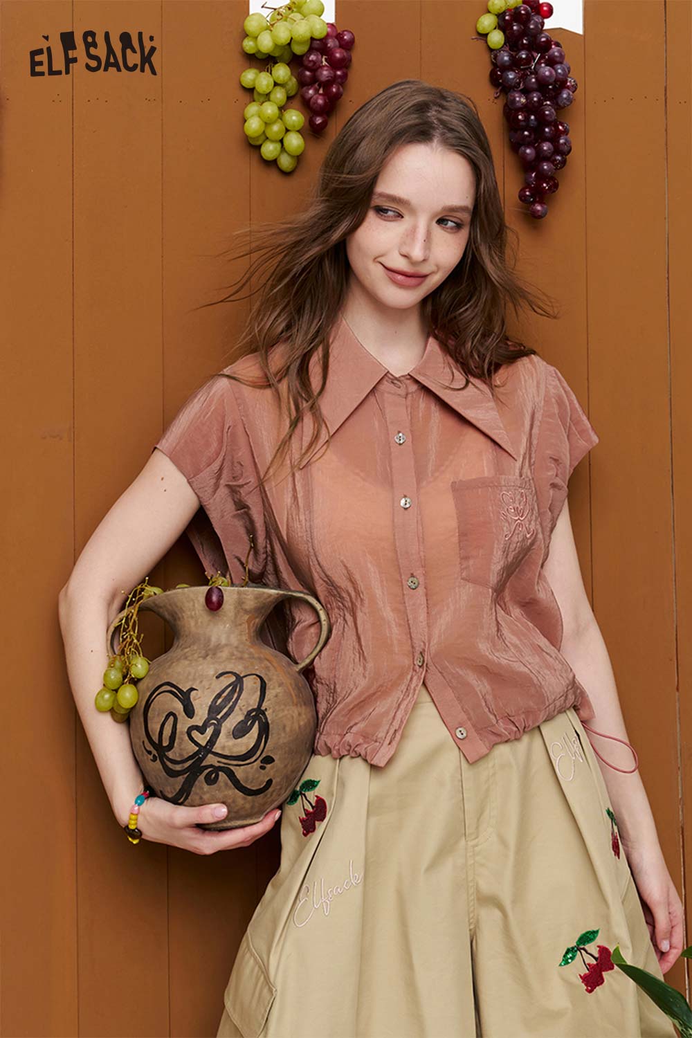 ELFSACK Sheer Cropped Embroidered Cap Sleeve Blouse