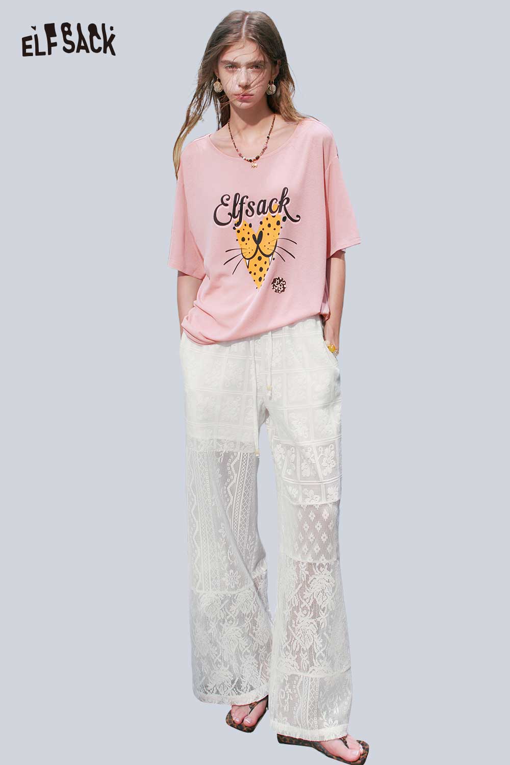 ELFSACK Sheer Geometric Lace Wide Leg Pants