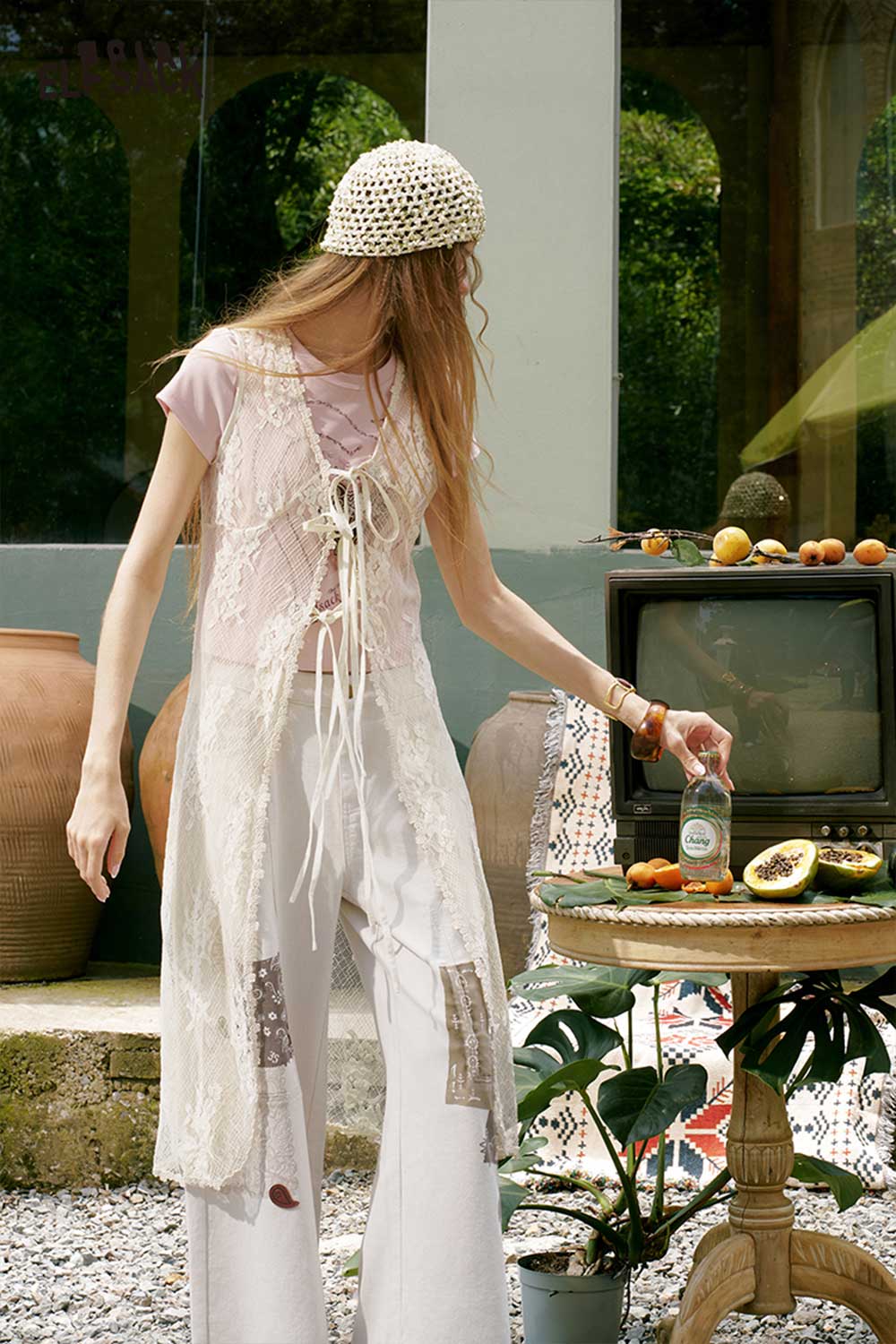 ELFSACK Sheer Lace Tie Front Long Sleeveless Vest