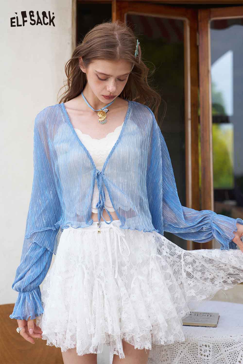ELFSACK Sheer Shimmer Open Front Knit Cardigan