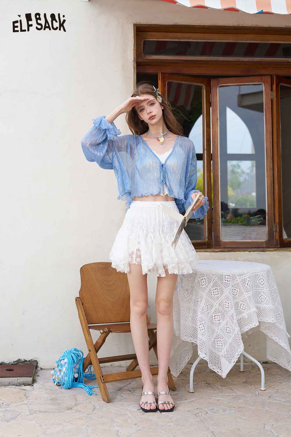 ELFSACK Sheer Shimmer Open Front Knit Cardigan