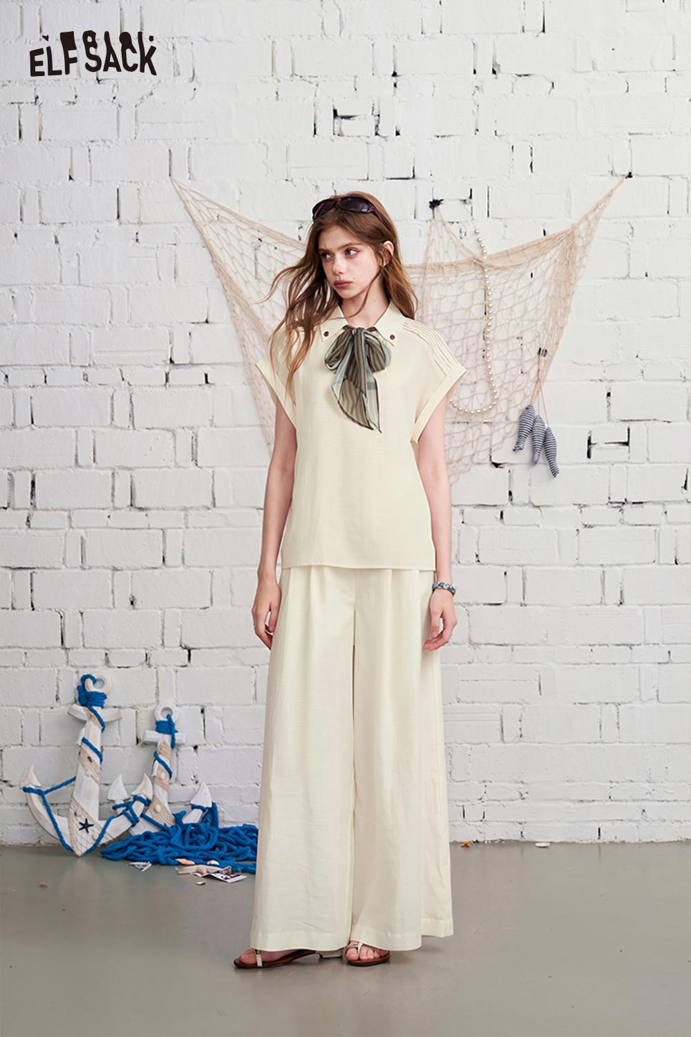 ELFSACK Short Sleeve Shirt Wide Leg Pants Set