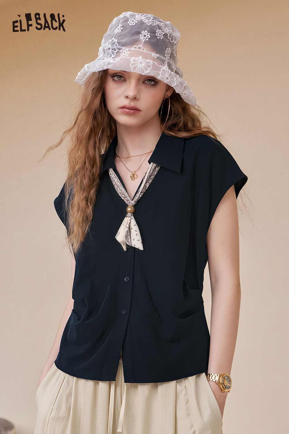 ELFSACK Sleeveless Scarf Tie Slim Fit Button-Up Shirt