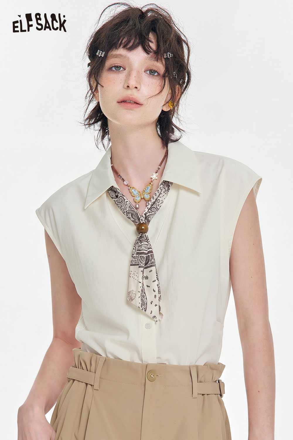 ELFSACK Sleeveless Scarf Tie Slim Fit Button-Up Shirt
