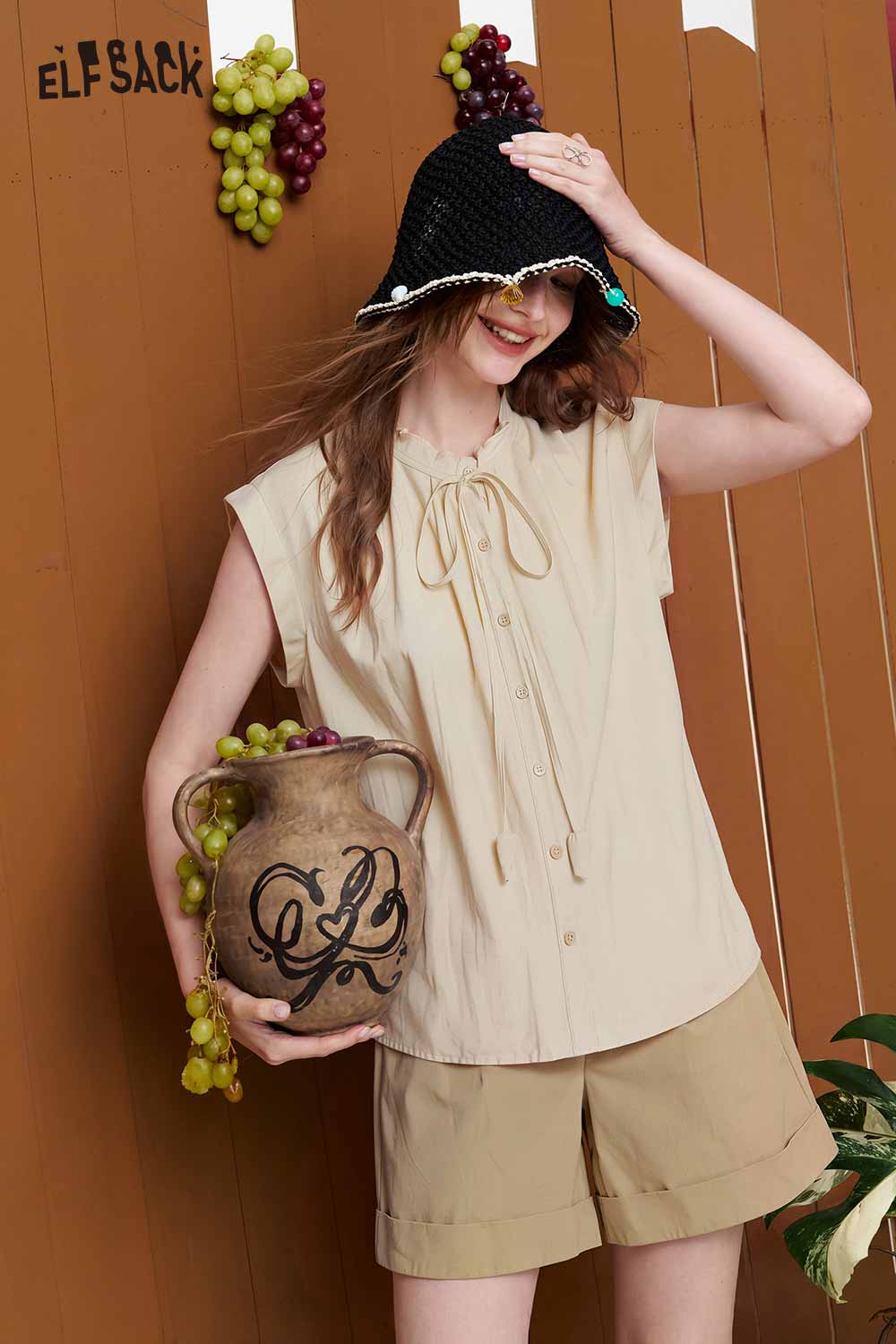 ELFSACK Sleeveless Tie-Neck Loose Fit Blouse