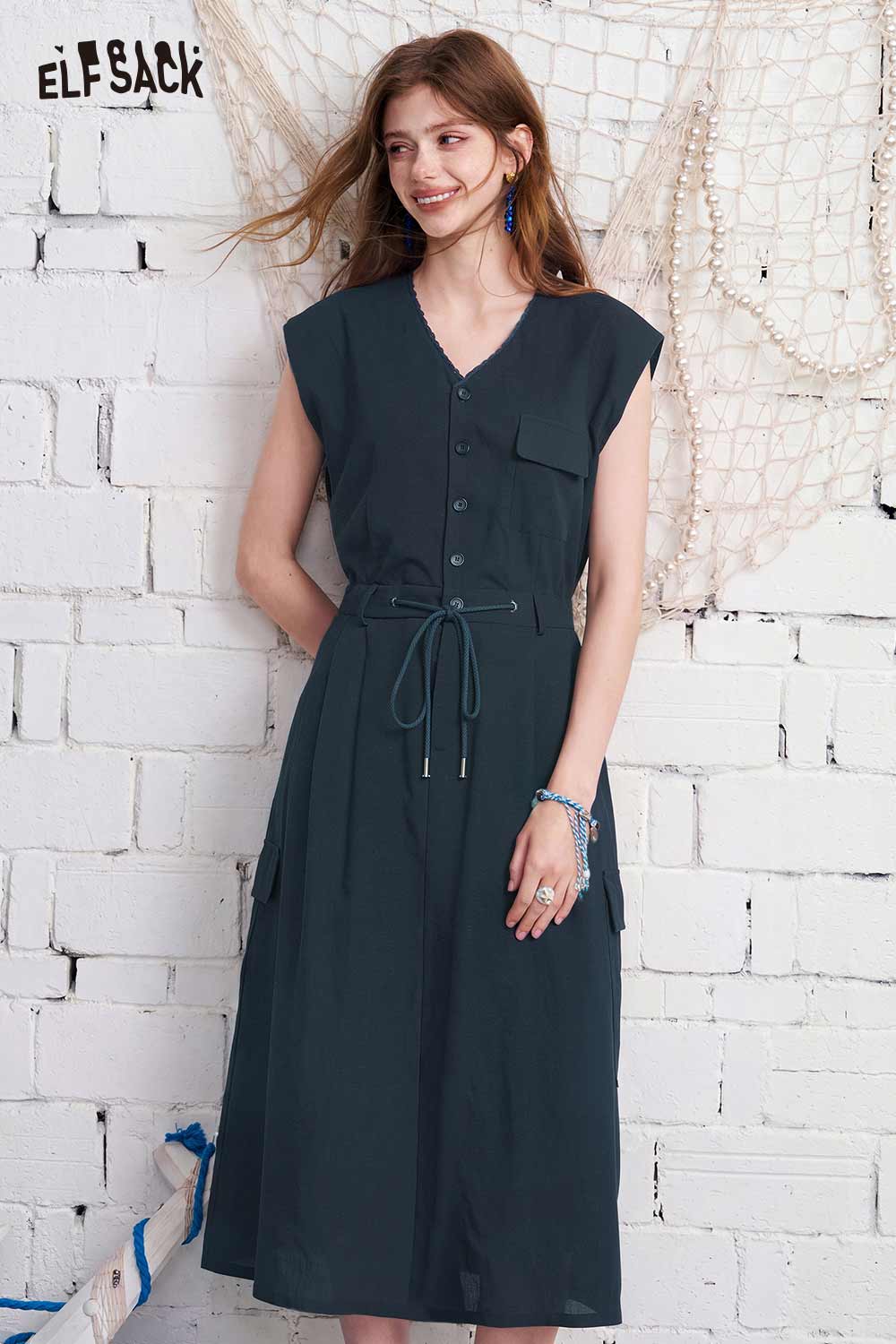 ELFSACK Sleeveless V Neck Drawstring Midi Dress