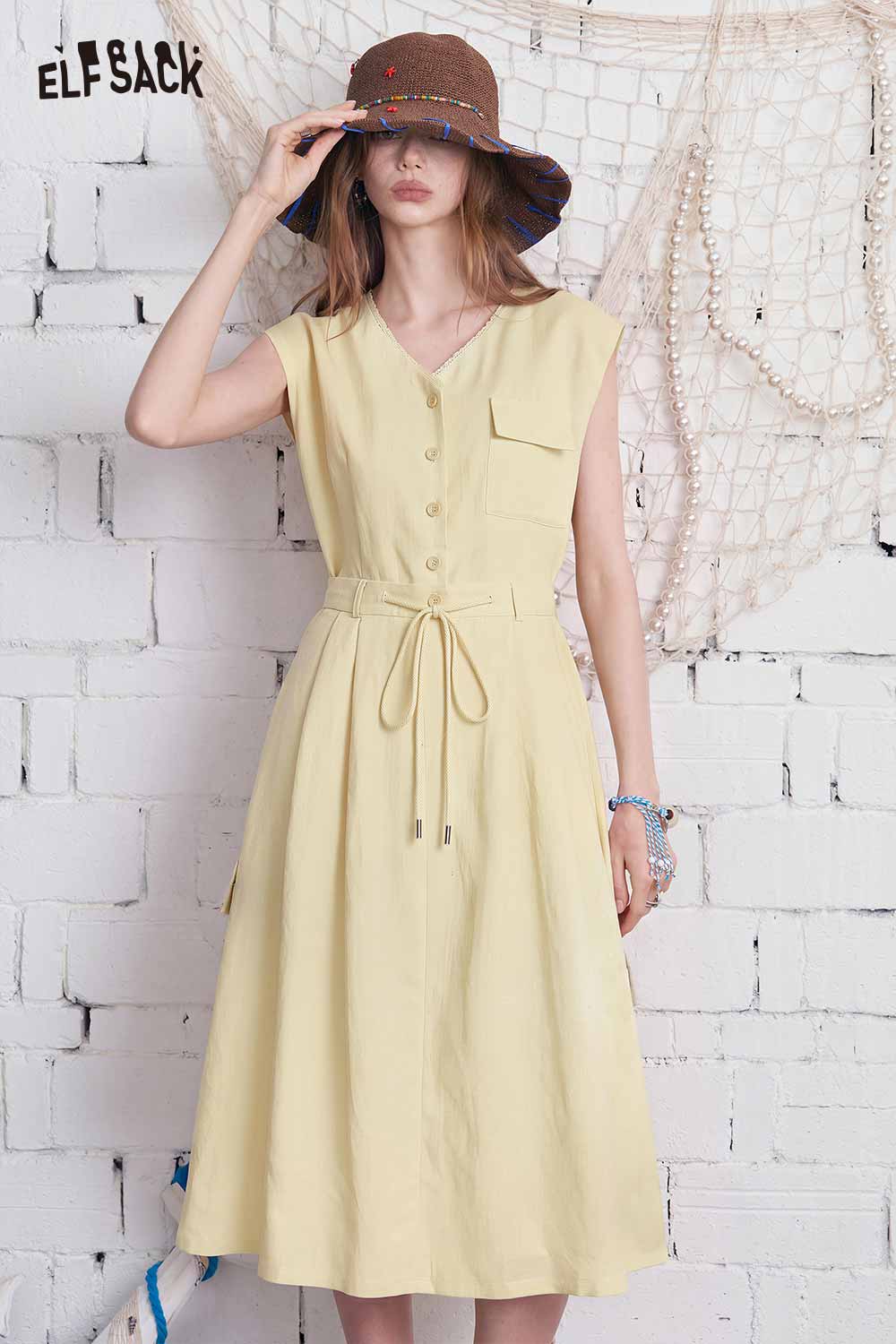ELFSACK Sleeveless V Neck Drawstring Midi Dress