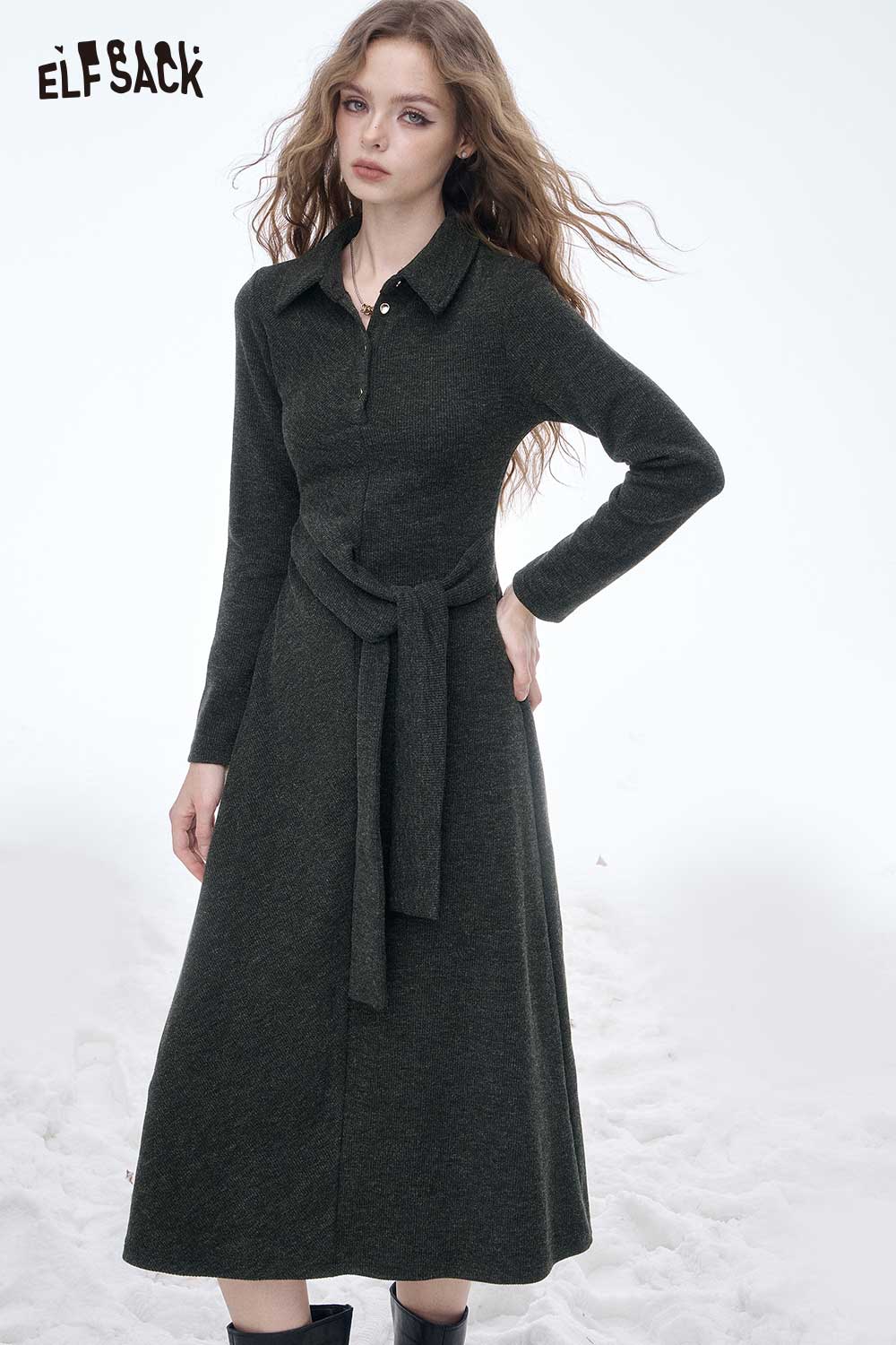 ELFSACK Soft Classic Slim Fit Lapel Button Belt Long Dress