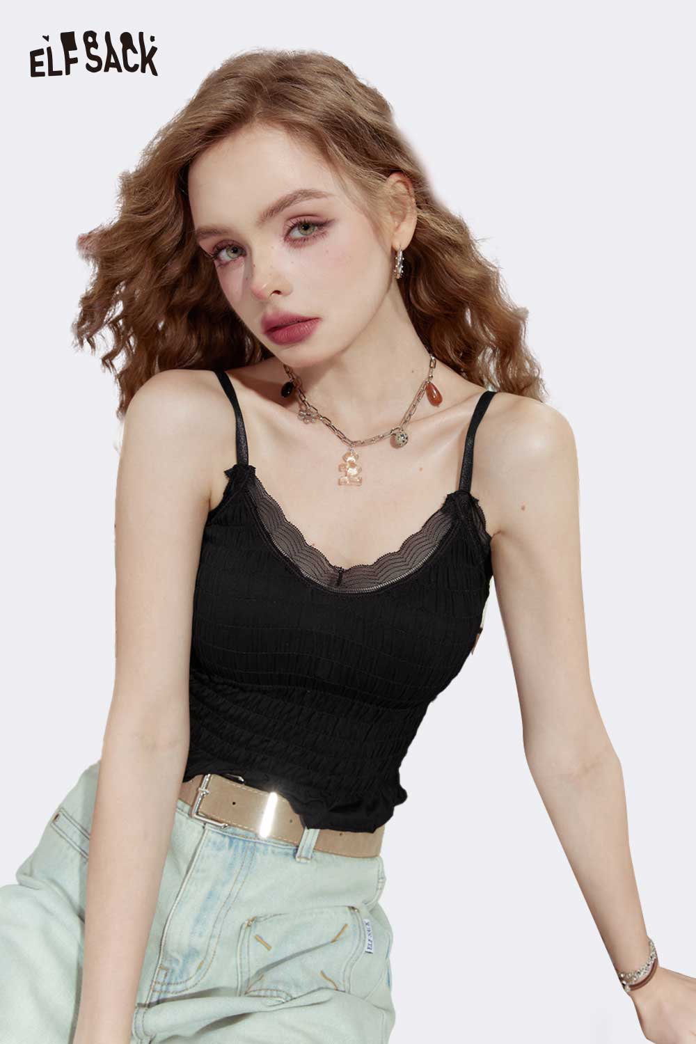 ELFSACK Smocked Cami Top With Lace Trim