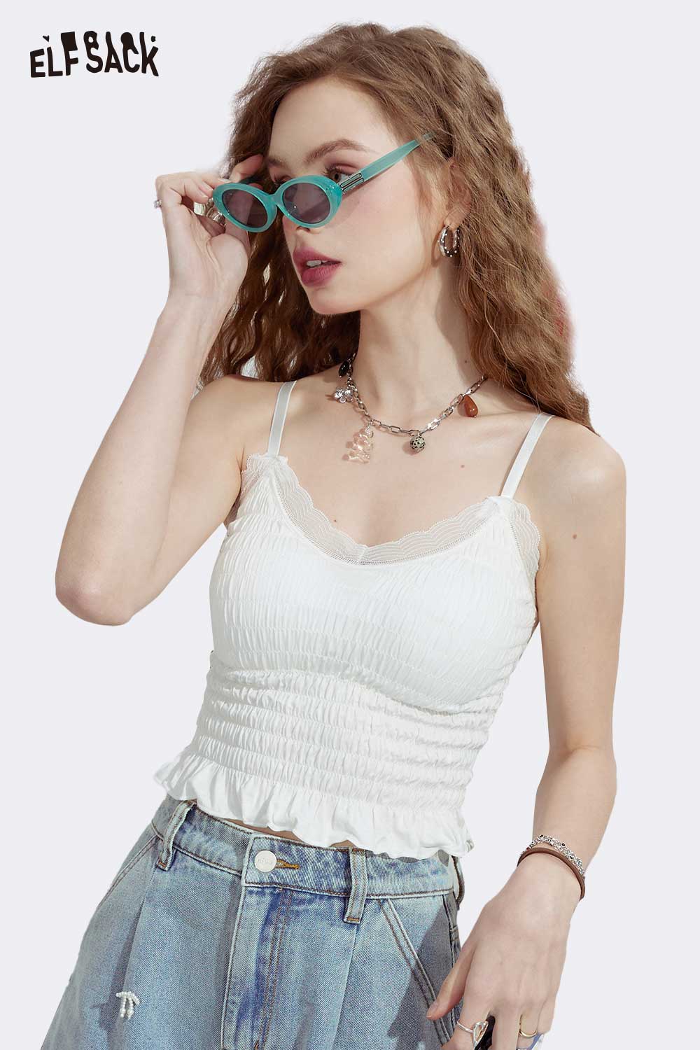 ELFSACK Smocked Cami Top With Lace Trim