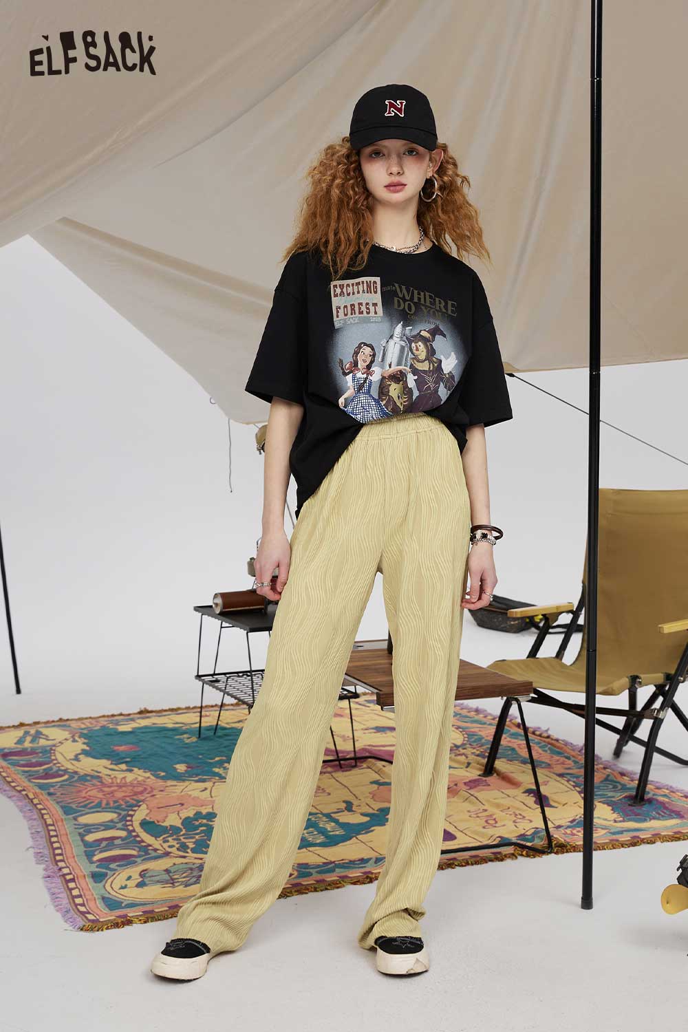 ELFSACK Soft Black Ribbed Draping Wide Leg Slim Pants