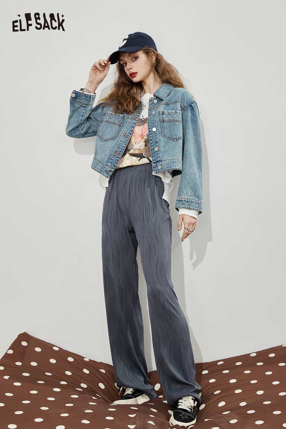 ELFSACK Soft Black Ribbed Draping Wide Leg Slim Pants