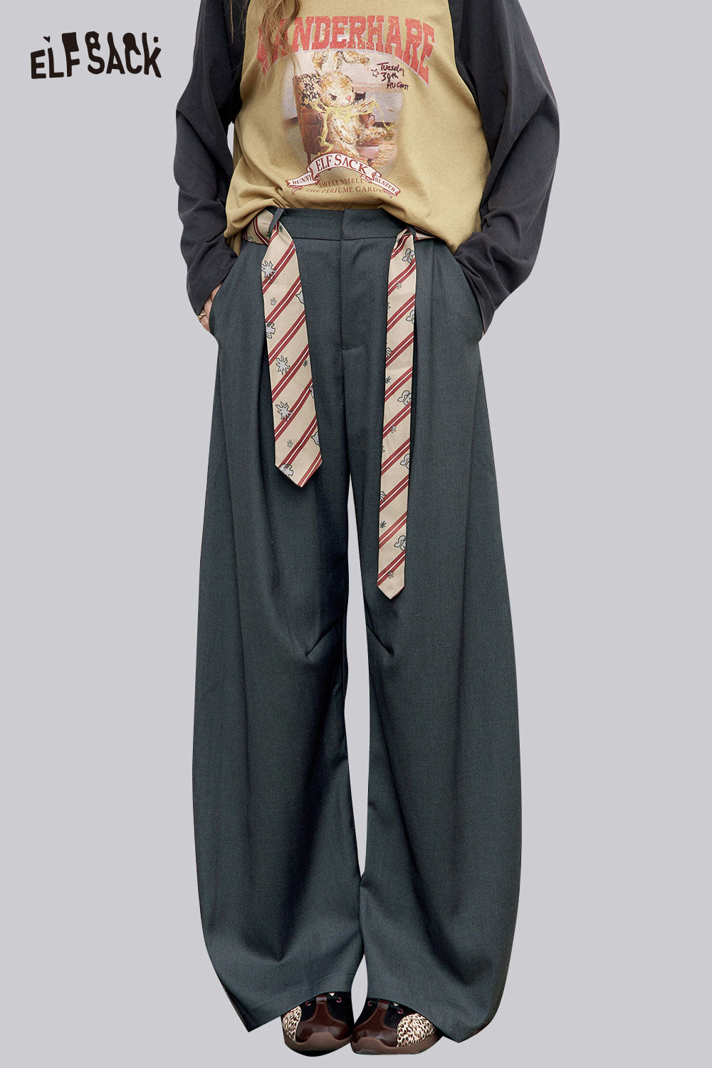 ELFSACK Soft Blend Contrast Stitching Adjustable Waistband Tapered Trouser