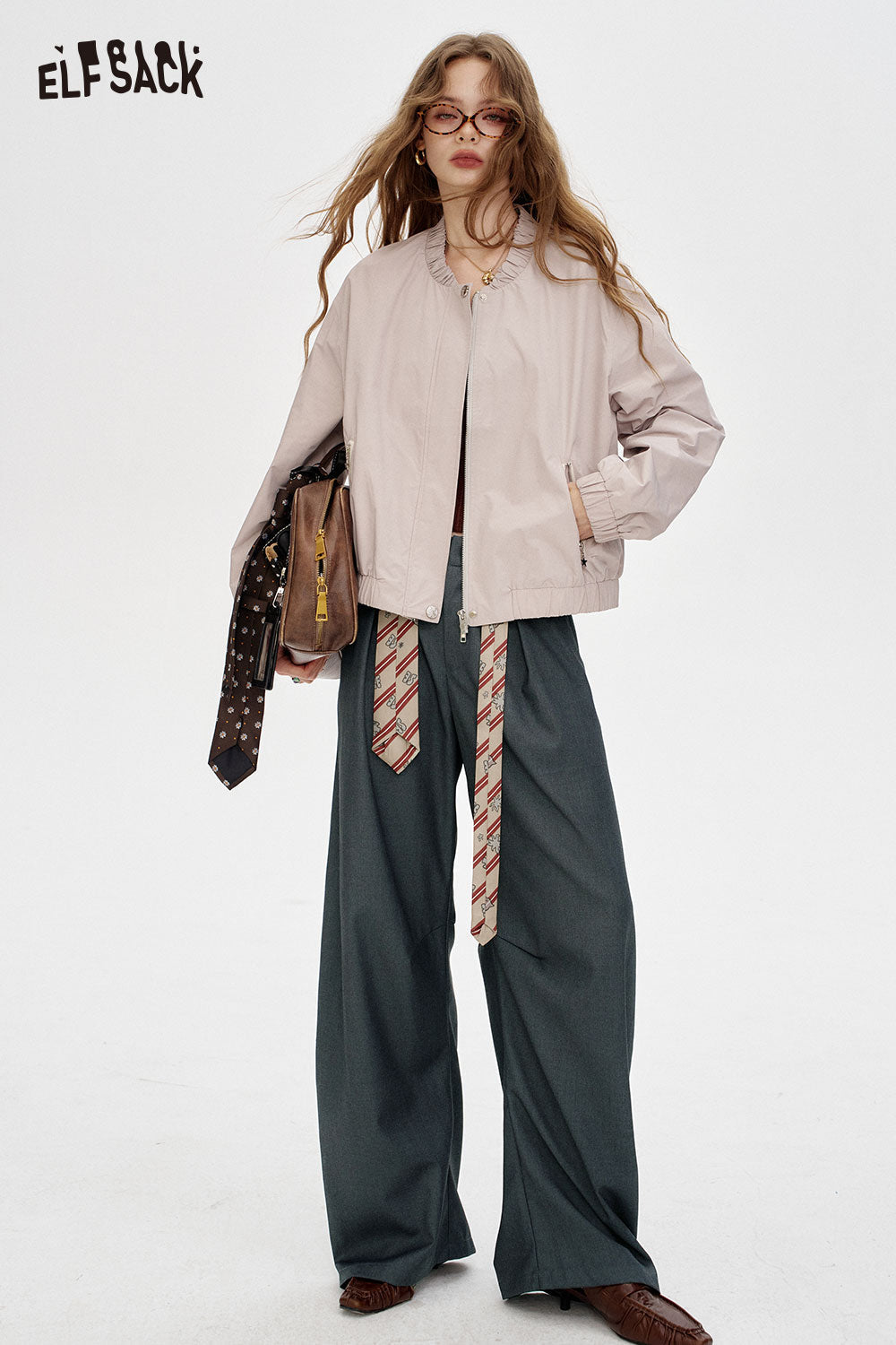 ELFSACK Soft Blend Contrast Stitching Adjustable Waistband Tapered Trouser