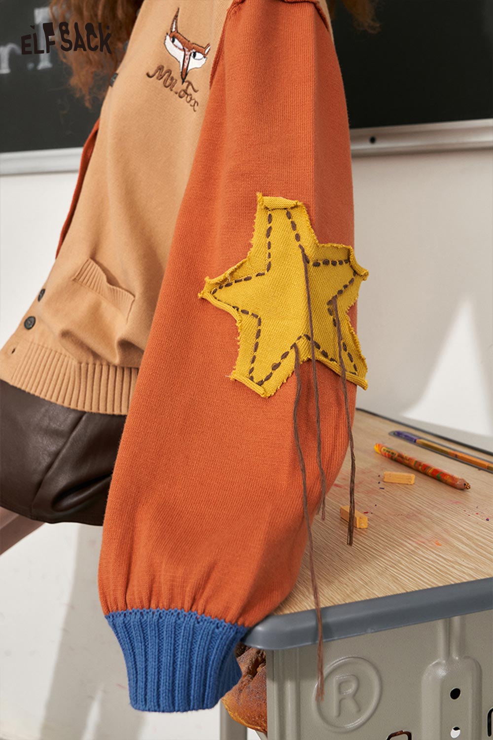ELFSACK Soft Color Block Contrast Sleeve Knit Sweater