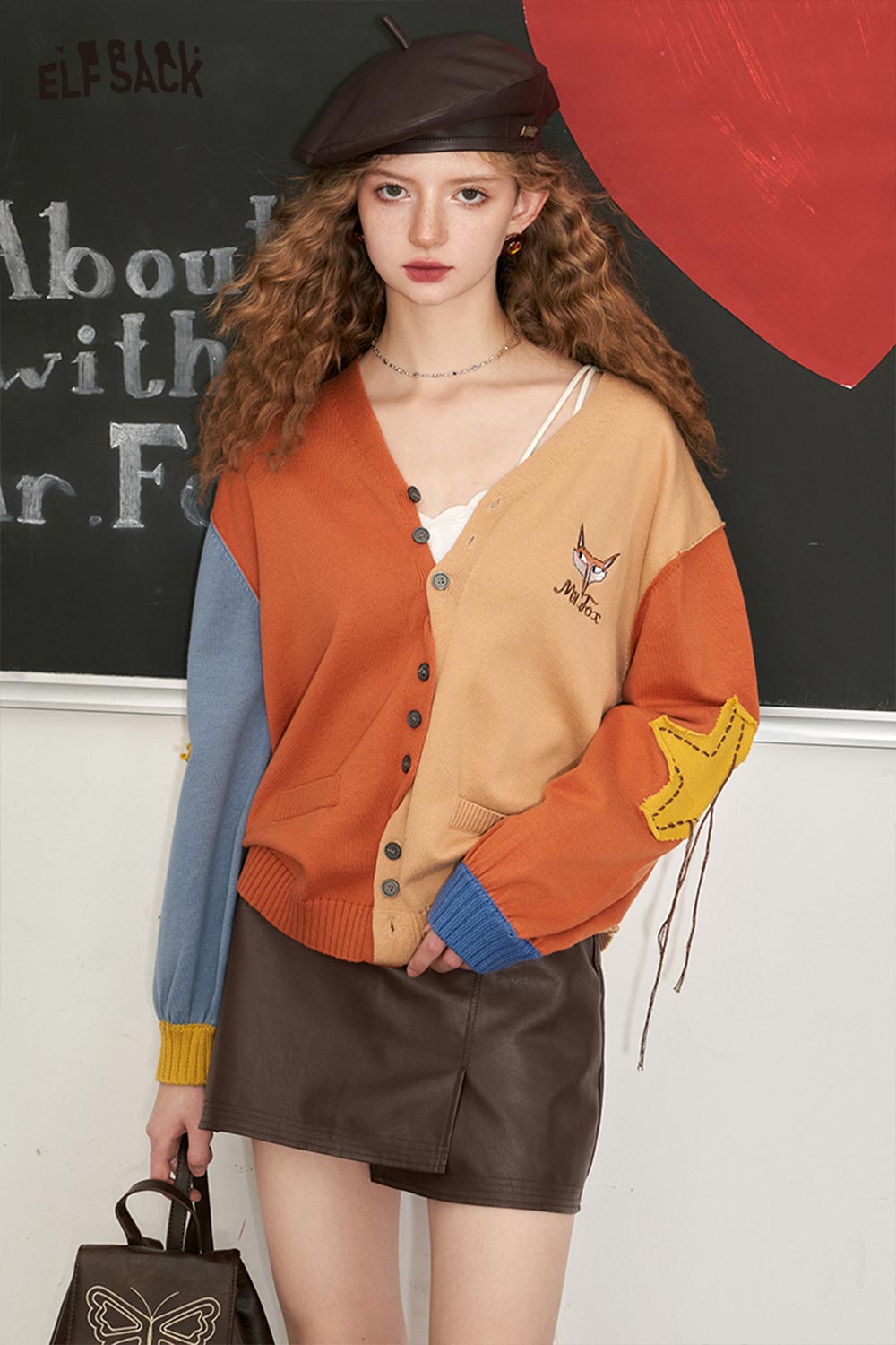 ELFSACK Soft Color Block Contrast Sleeve Knit Sweater
