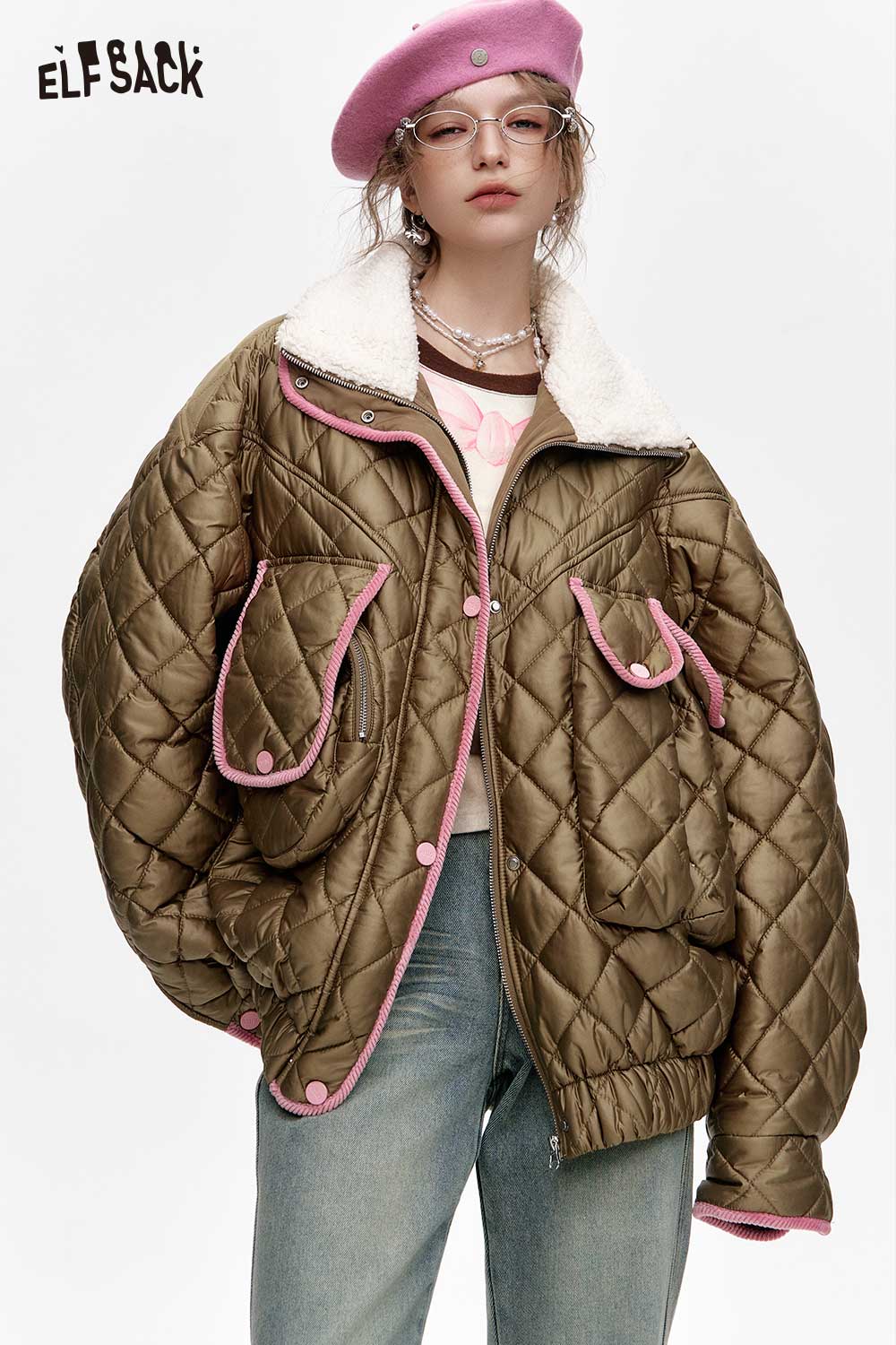 ELFSACK Soft Color Block Deconstructed Quilted Faux Fur Lapel Cotton Coat