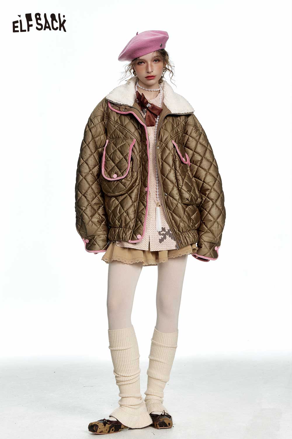 ELFSACK Soft Color Block Deconstructed Quilted Faux Fur Lapel Cotton Coat