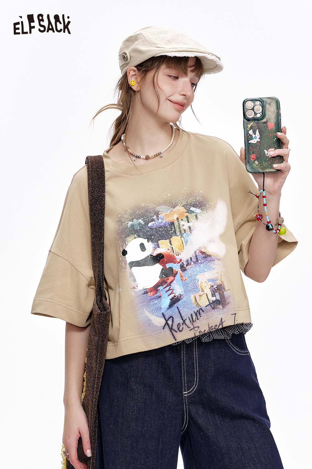 ELFSACK Soft Cotton Panda Print Boxy Tee