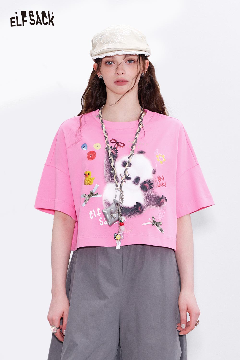 ELFSACK Soft Cotton Panda Print Boxy Tee