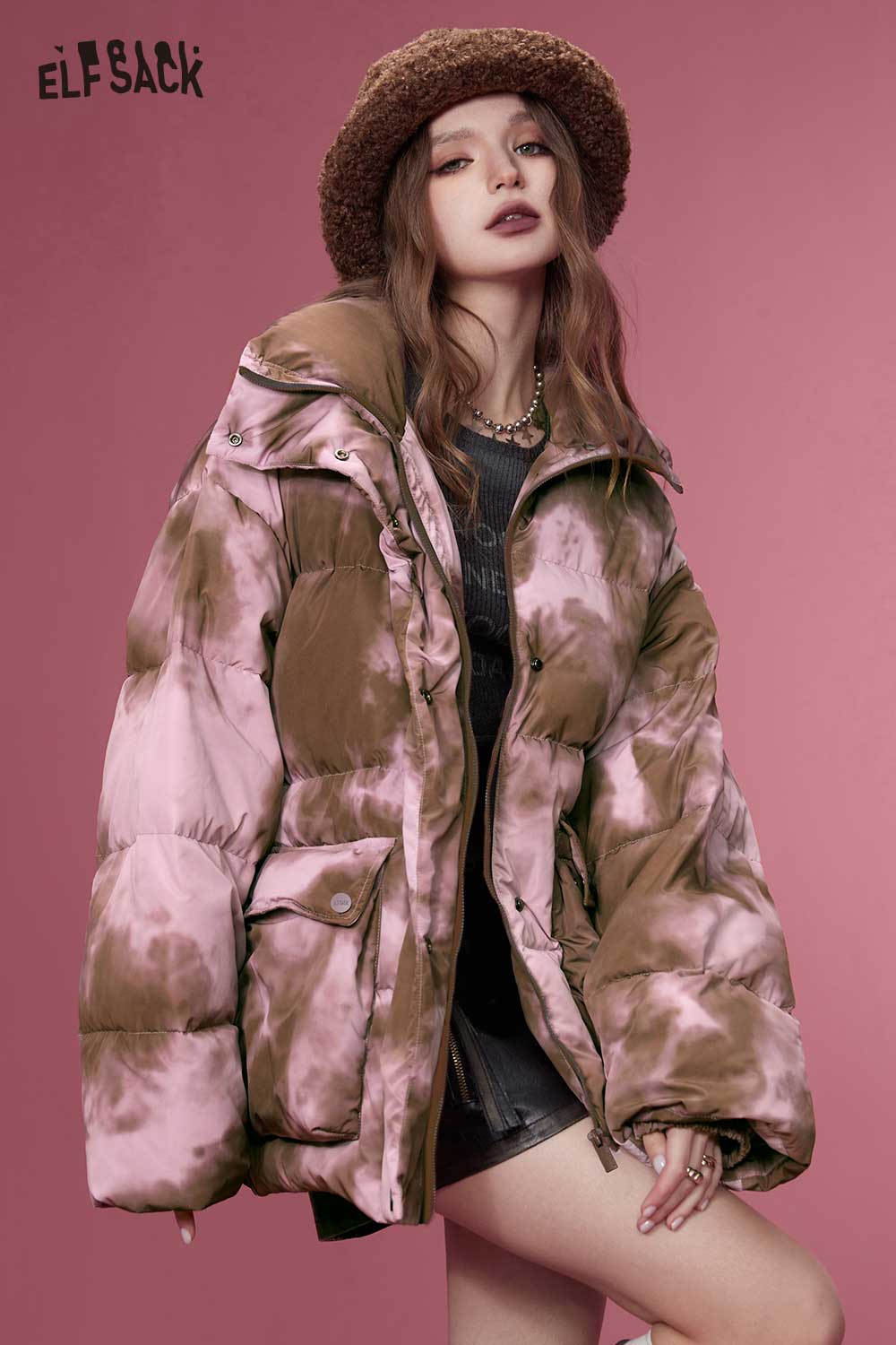 ELFSACK Soft Design Insulated Short Rose Print Down Jacket