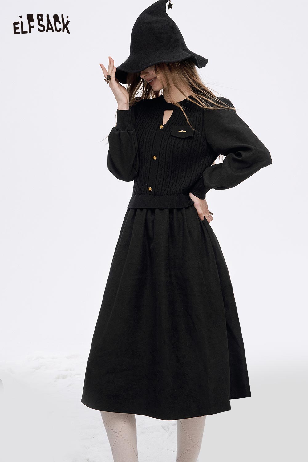 ELFSACK Soft Elegant Solid Button Cutout Flared Tea Dress