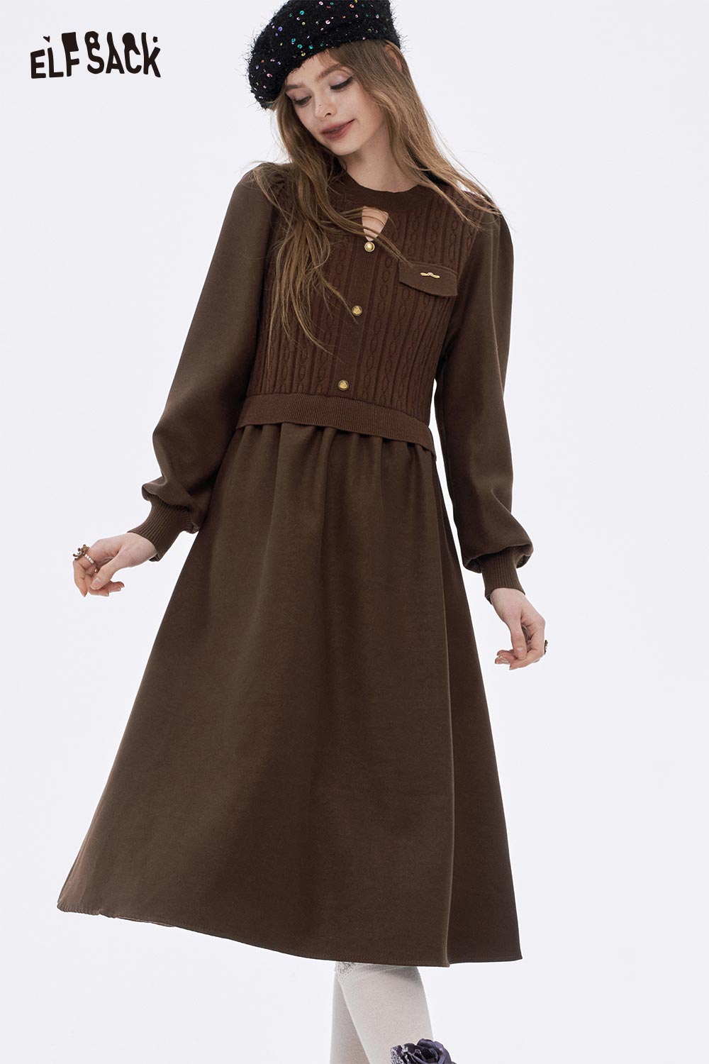 ELFSACK Soft Elegant Solid Button Cutout Flared Tea Dress