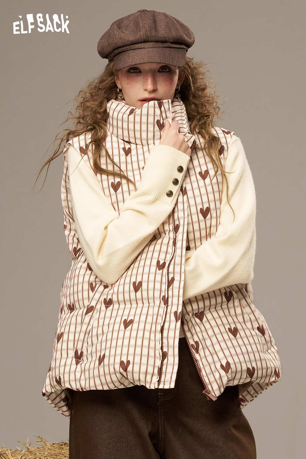 ELFSACK Soft Heart And Checkered Pattern Design Sleeveless Down Jacket