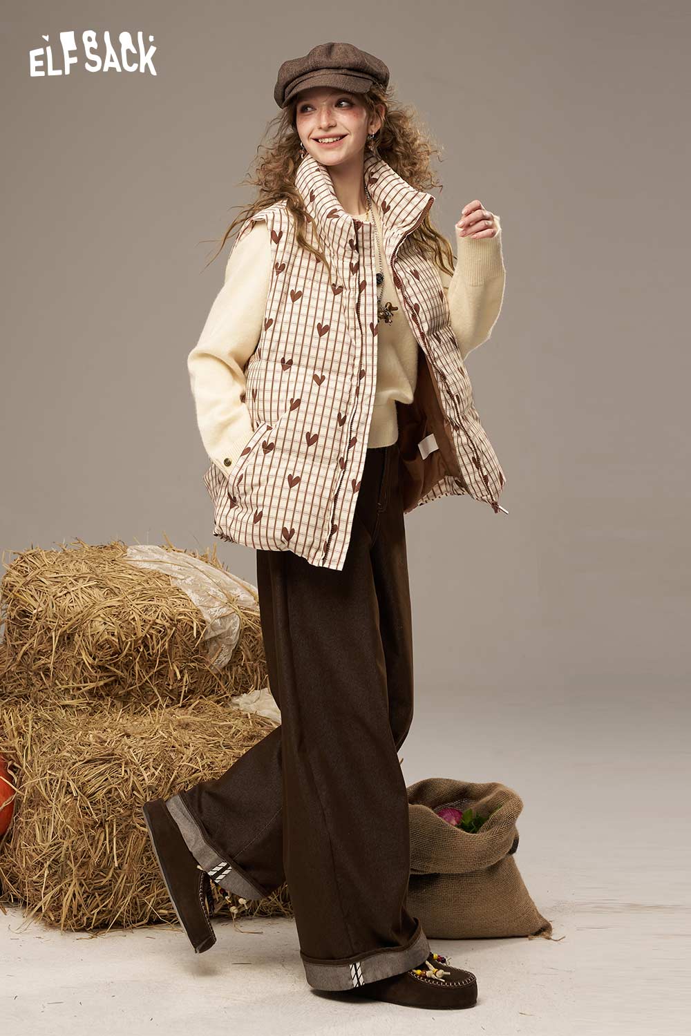 ELFSACK Soft Heart And Checkered Pattern Design Sleeveless Down Jacket