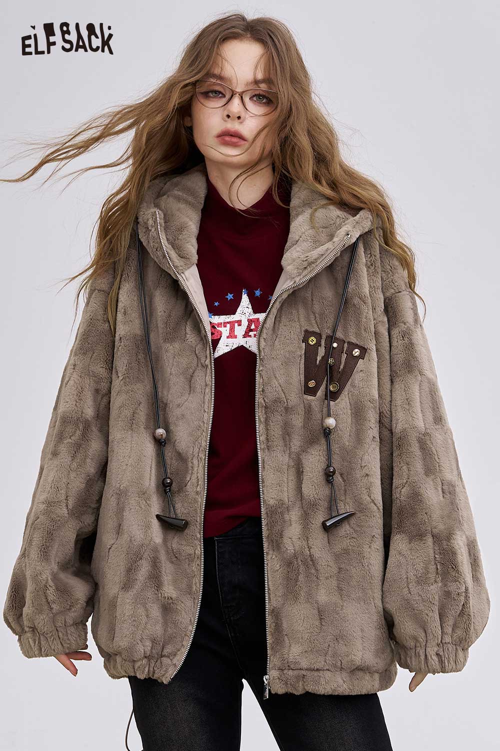ELFSACK Soft Hooded Mid Length Cotton Coat