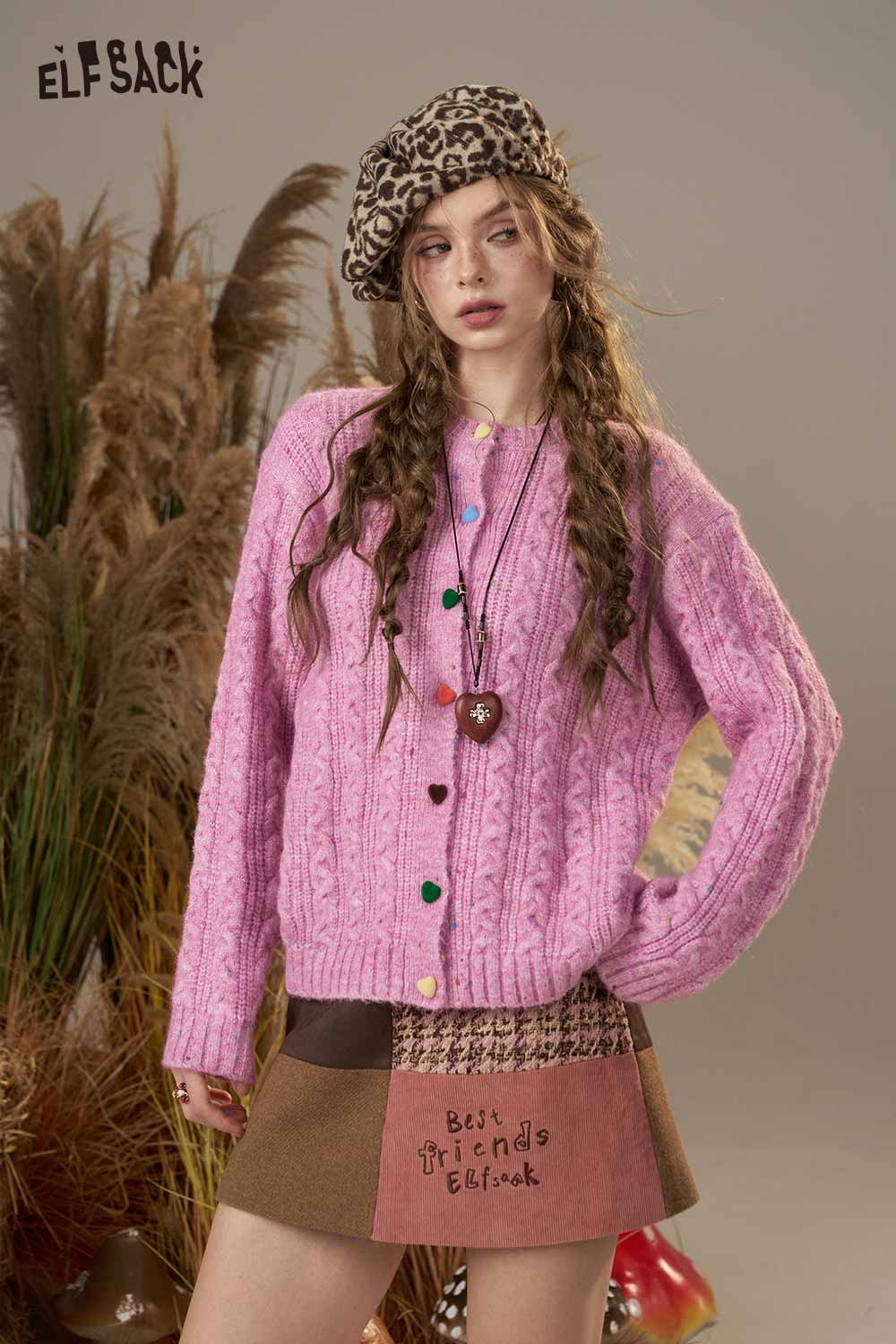 ELFSACK Soft Knit Multicolor Heart Button Solid Color Cardigan