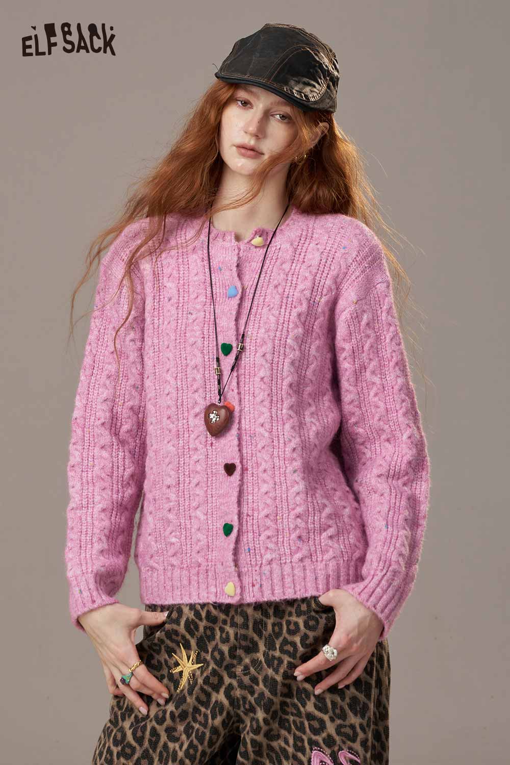 ELFSACK Soft Knit Multicolor Heart Button Solid Color Cardigan