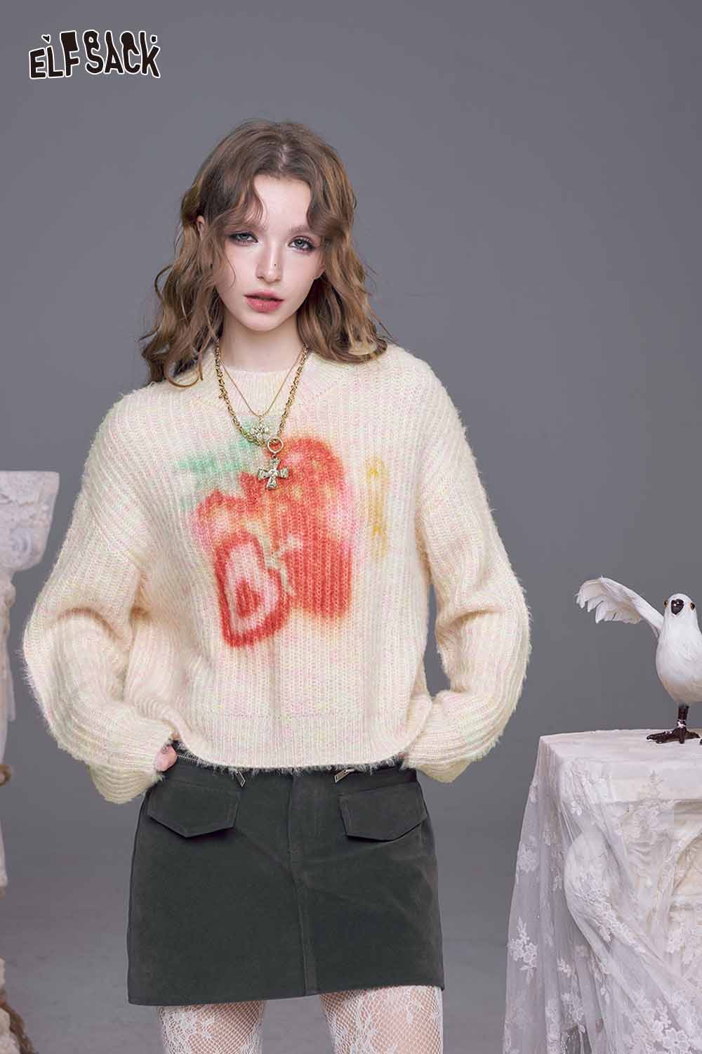 ELFSACK Soft Knit Sweater with Oversized Strawberry Graphic Design