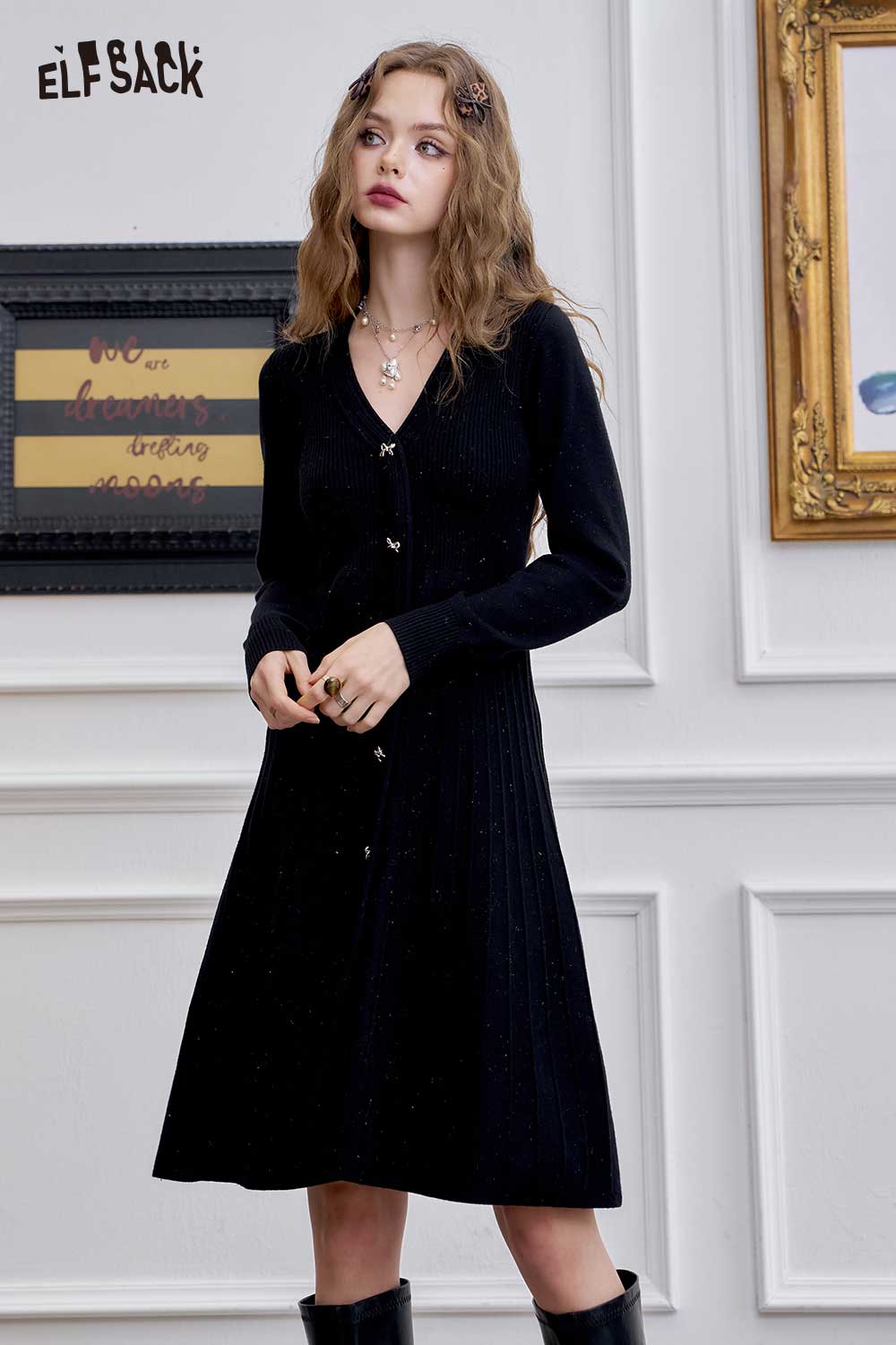ELFSACK Soft Knitted V-Neck Bow Button Design Bodycon Dress