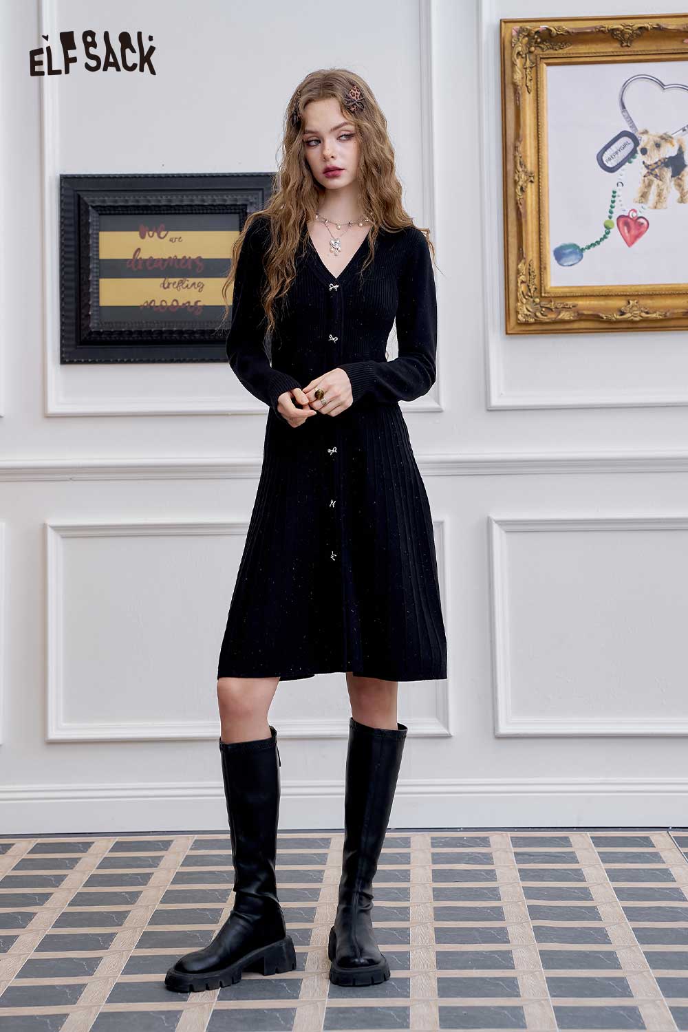 ELFSACK Soft Knitted V-Neck Bow Button Design Bodycon Dress