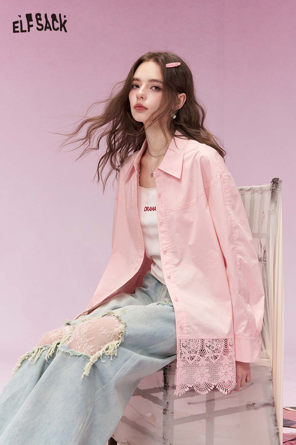 ELFSACK Soft Lace Insert Loose Fit Long Shirt