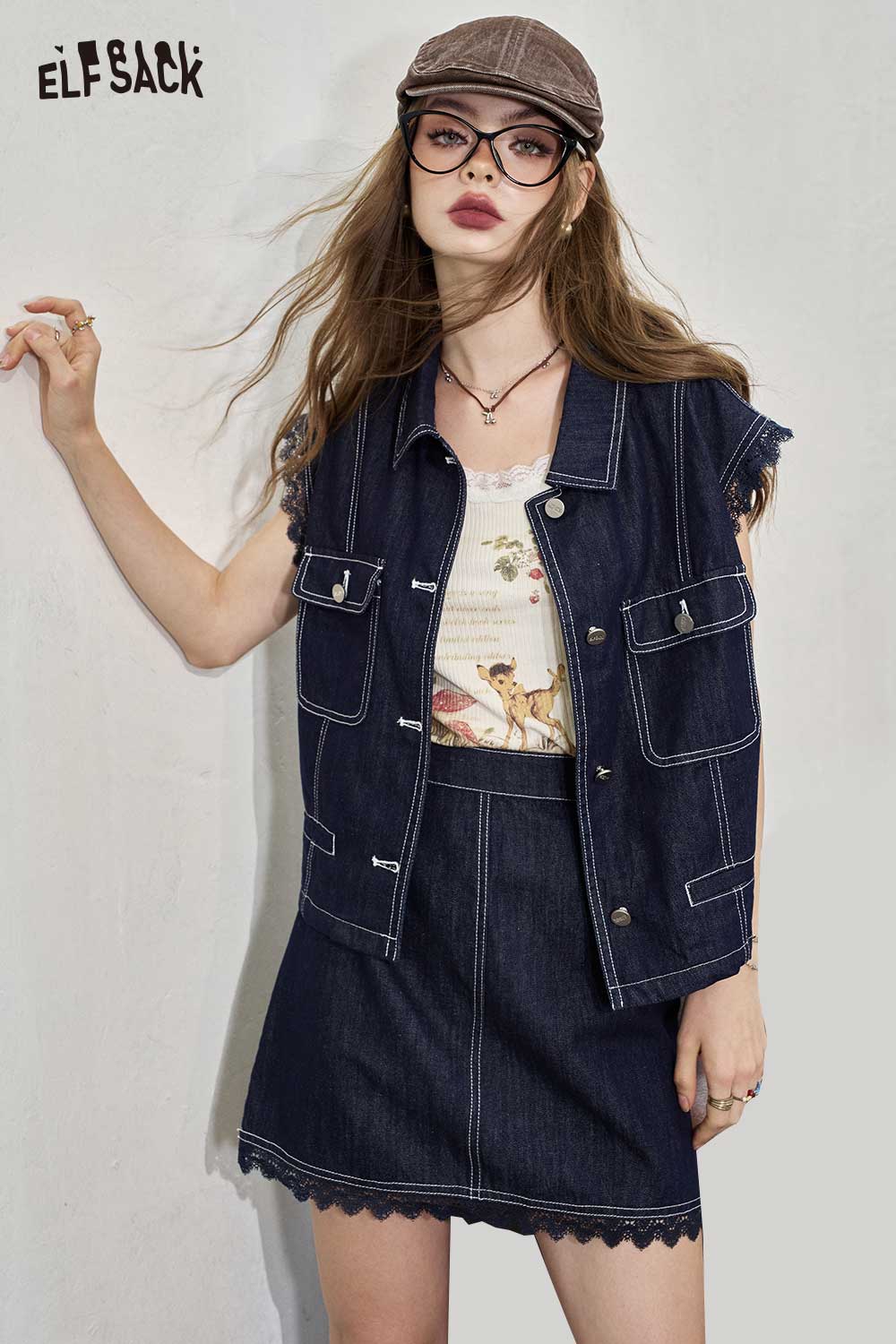 ELFSACK Lace Hem Dark Denim Mini Skirt
