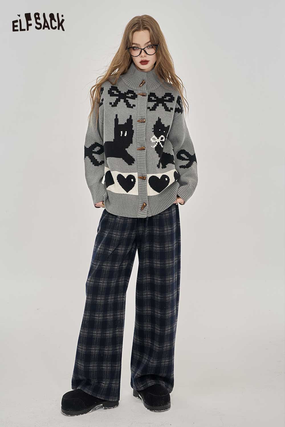 ELFSACK Soft Mallard Plaid Wide Leg Loose Slimming Straight Pants