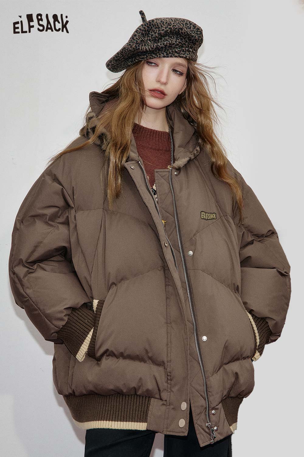ELFSACK Soft Oversized Hooded Animal Ear Plush Trim Puffer Jacket