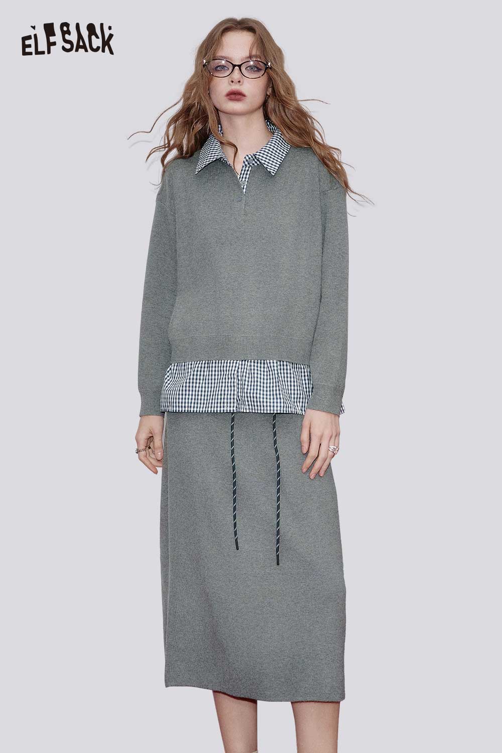 ELFSACK Soft Patchwork Collared Long sleeved Top and Pleated Midi Skirt Matching Set